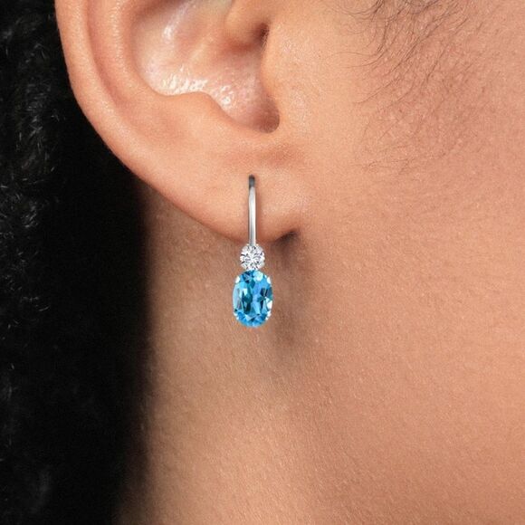 18K White Gold 1.07 Cttw Swiss Blue Topaz and Diamond Leverback Drop Earrings - Picture 3 of 5